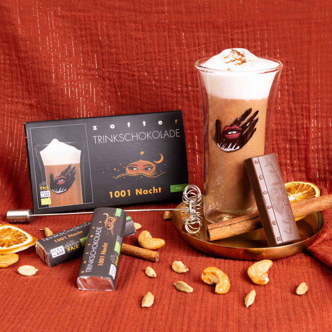 Drickchoklad från Zotter; Choklad + Chaikryddor + Apelsin 22g (Vegansk)