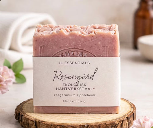 Handgjord Ekologisk Tvål - 'Rosengård' - Rosgeranium & Patchouli