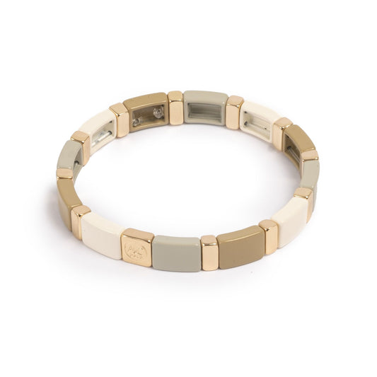 Elastiskt armband med plattor, Vit/Beige/Grå/Guld, A&C Oslo